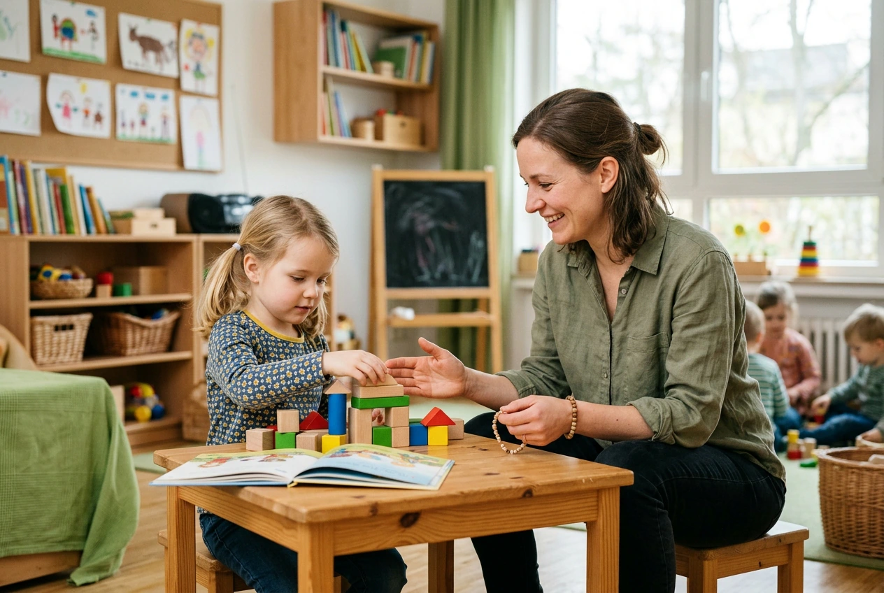Begleiterin unterstützt ein Kind beim Spielen im Kita-Gruppenraum
